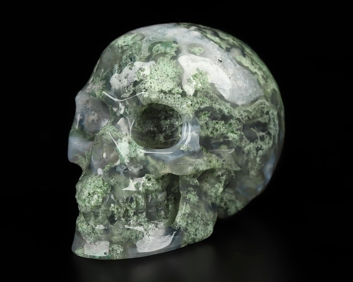 Skullis 2.0” Green Moss Agate Crystal Skull, Hand Carved Gemstone Fine Art Sculpture, Reiki Healing Stone Statue.