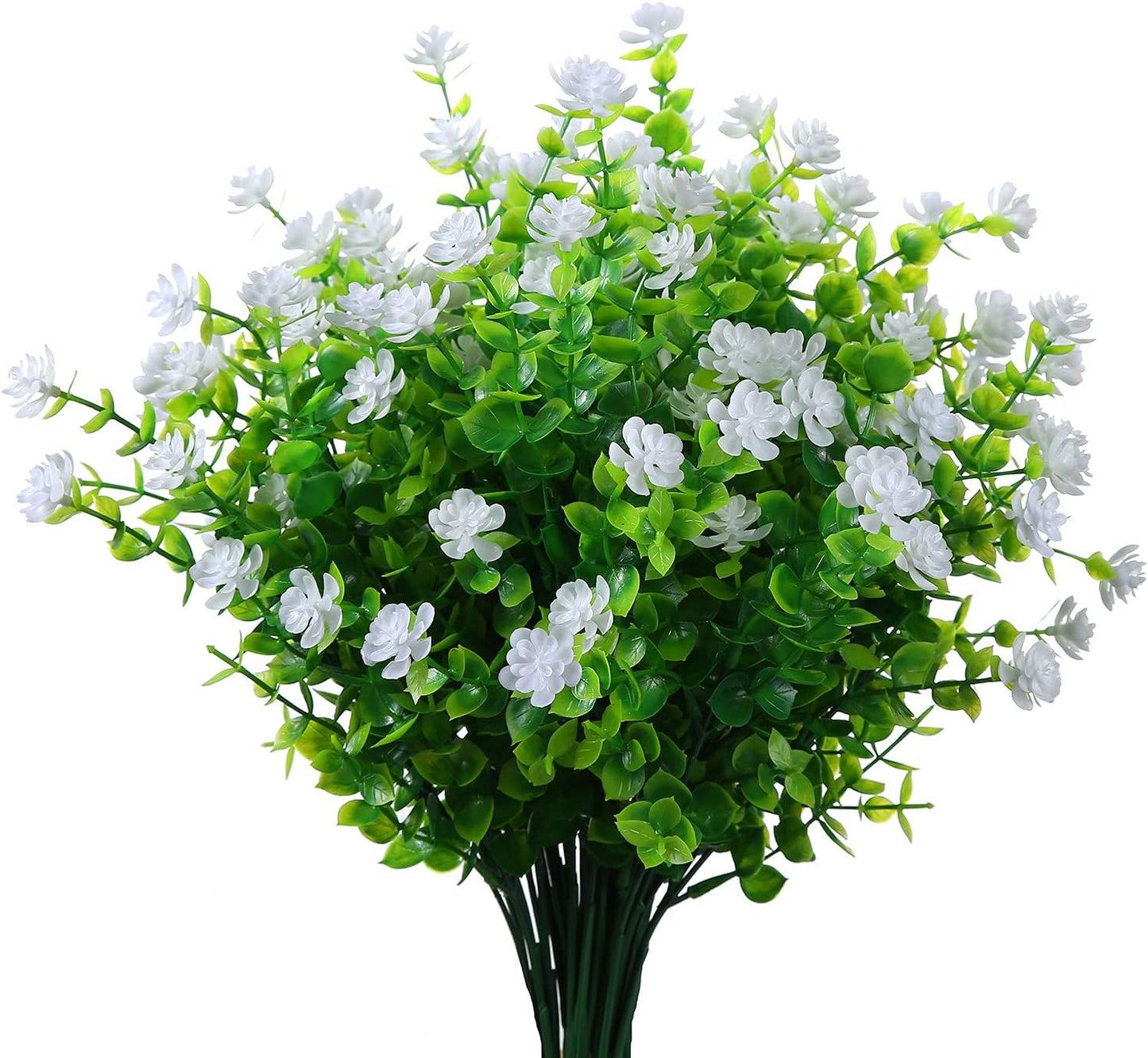 Artificial Plants Flowers Grass Shrubs 8 Pack No Fade Faux Plastic Flowers Outdoor for Vases Farmhouse Garden Porch Patio Office Indoor Wedding Decoration Greenery Fake Plants (2#White)