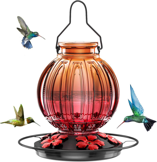 Glass Hummingbird Feeder for Outdoors Hanging, 26Oz Bird Nectar Feeder with Perch & 5 Flower Feeding Ports, Leak Proof for Outside Garden Decor Backyard, Gifts for Women Mom, Clear & Red