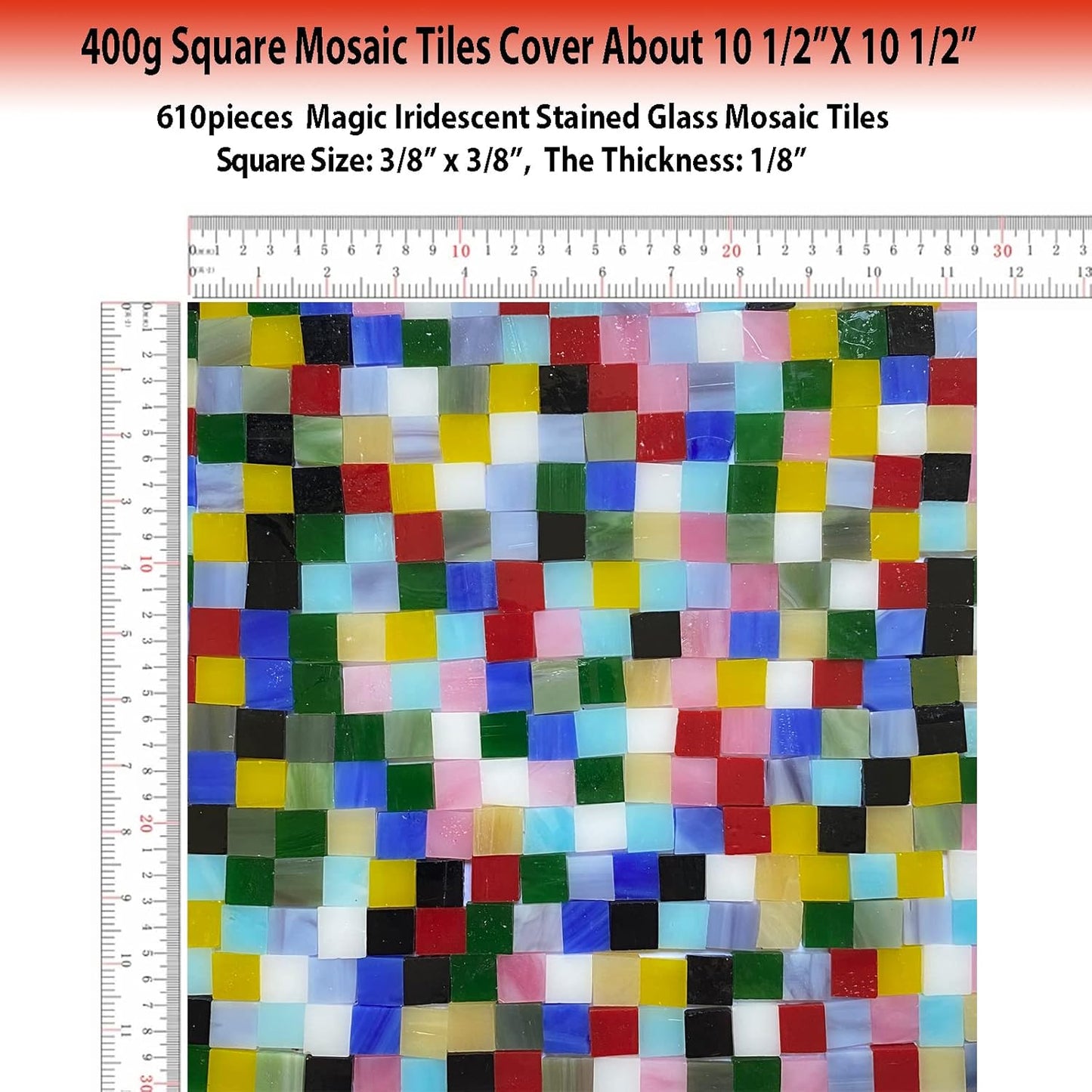 610 Pieces Iridescent Square Glass Mosaic Tiles, Colorful Stained Glass Sheets for Crafts, Stained Glass Supplies, KALUCION Rainbow Mosaic Kit for Adults