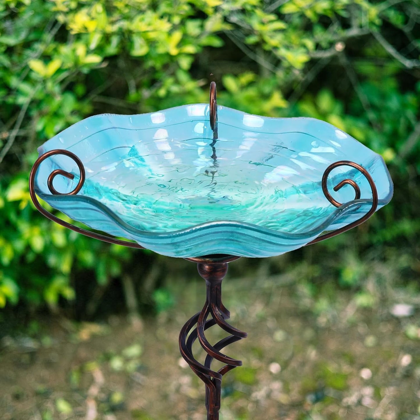 MUMTOP 31 Inch Height Glass Birdbaths, Outdoor Bird Bath Birdfeeder with Metal Stake Garden Yard Outside, Blue