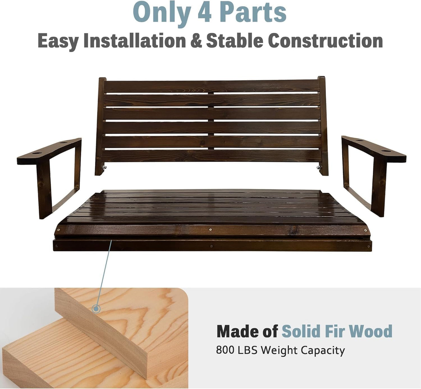 Wooden Porch Swing, Ergonomic Seat, Bench Swing with Hanging Chains and 7mm Springs, Heavy Duty 880 LBS, for Outdoor Patio Garden Yard (Dark Brown, 2-Seater)