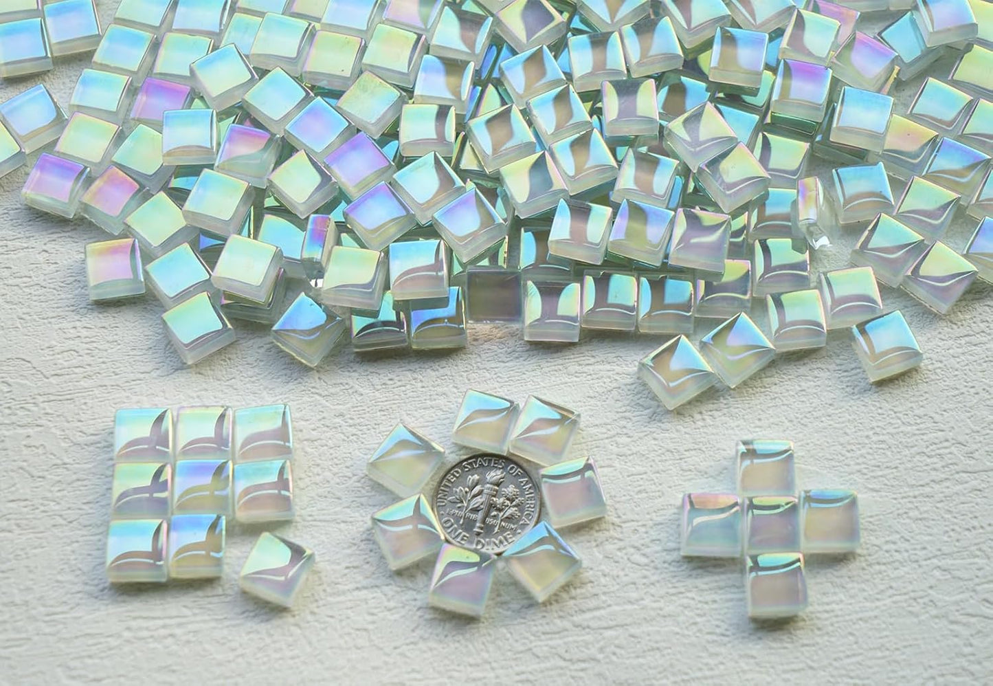335pcs Crystal White Iridescent Mosaic Tiles, 0.4' Mini Square Glass Tiles for Mosaic Craft, 300G Smooth Edge Glass Pieces for Mosaic Making Supplies