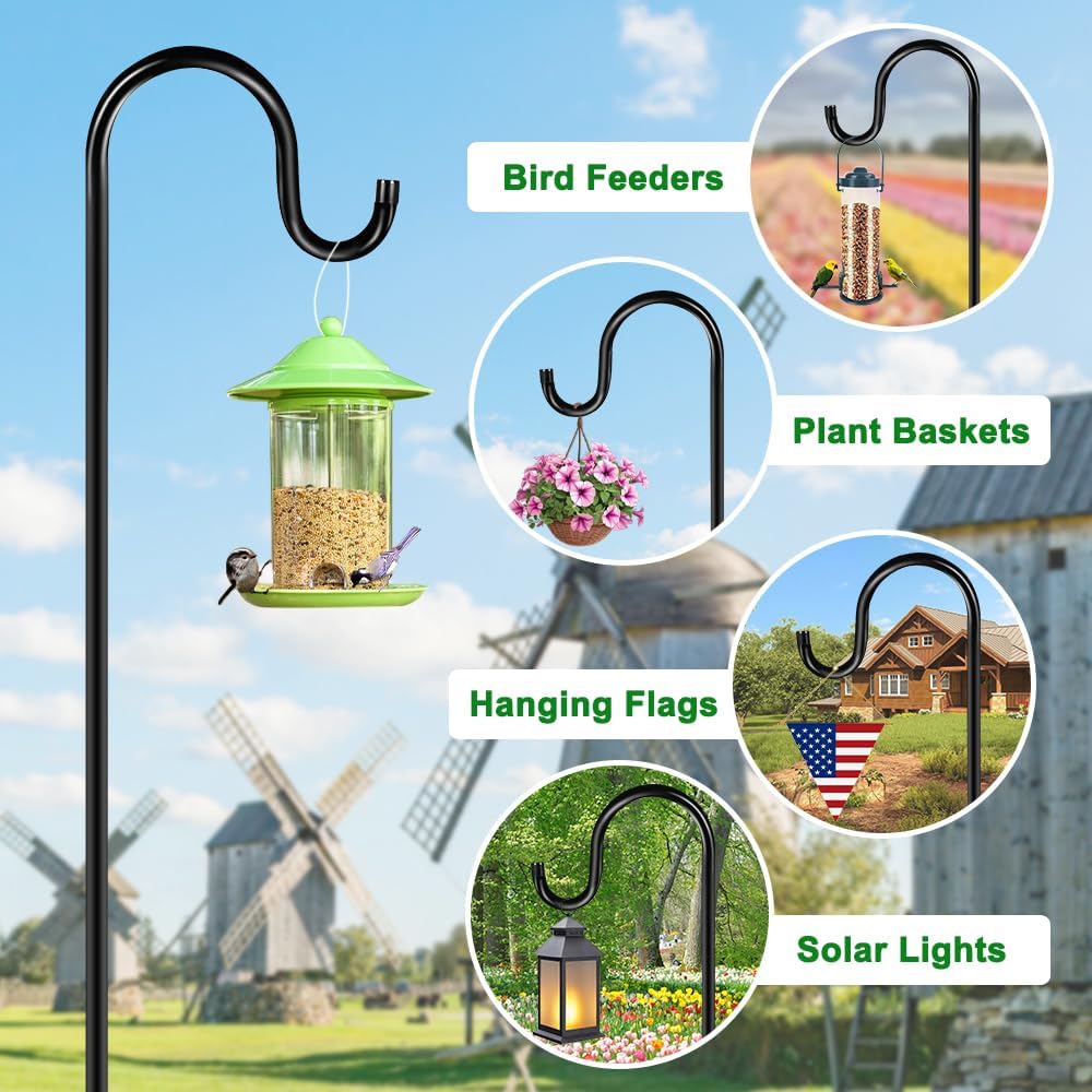 48 Inch Shepherds Hooks for Outdoor, Heavy Duty Bird Feeder Pole with 5 Prong Bases, Garden Hanging Stake for Bird Feeder, Solar Light, Plant Hanger, Wedding Decor, Metal Hanger Hooks, Black, 2 Packs