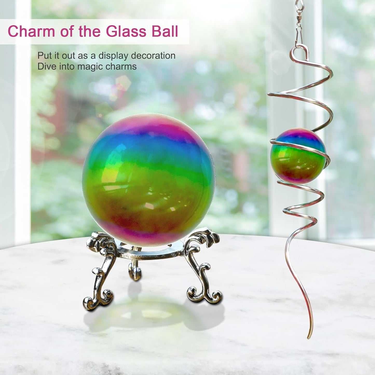 Gazing Ball Spiral Tail with Multi Color Stainless Steel Orb, Wind Spinners Stabilizer, Spiral Tail Wind Spinner, Outdoor Hanging Decoration for Garden Yard Patio Christmas Decor 13inch