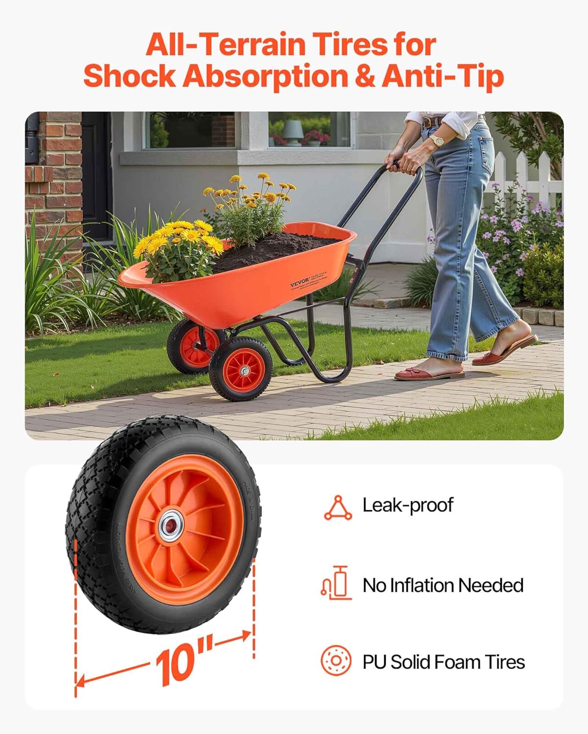 VEVOR Wheelbarrow Cart, 5 Cu. Ft. Load & 397 lbs Capacity, 2 Wheels Garden Dump Cart, Garden Wagon with Handle & 10" Wide Track Wheels, Easy Loading Utility Yard Cart & Wagons for Outdoor Lawn Yard