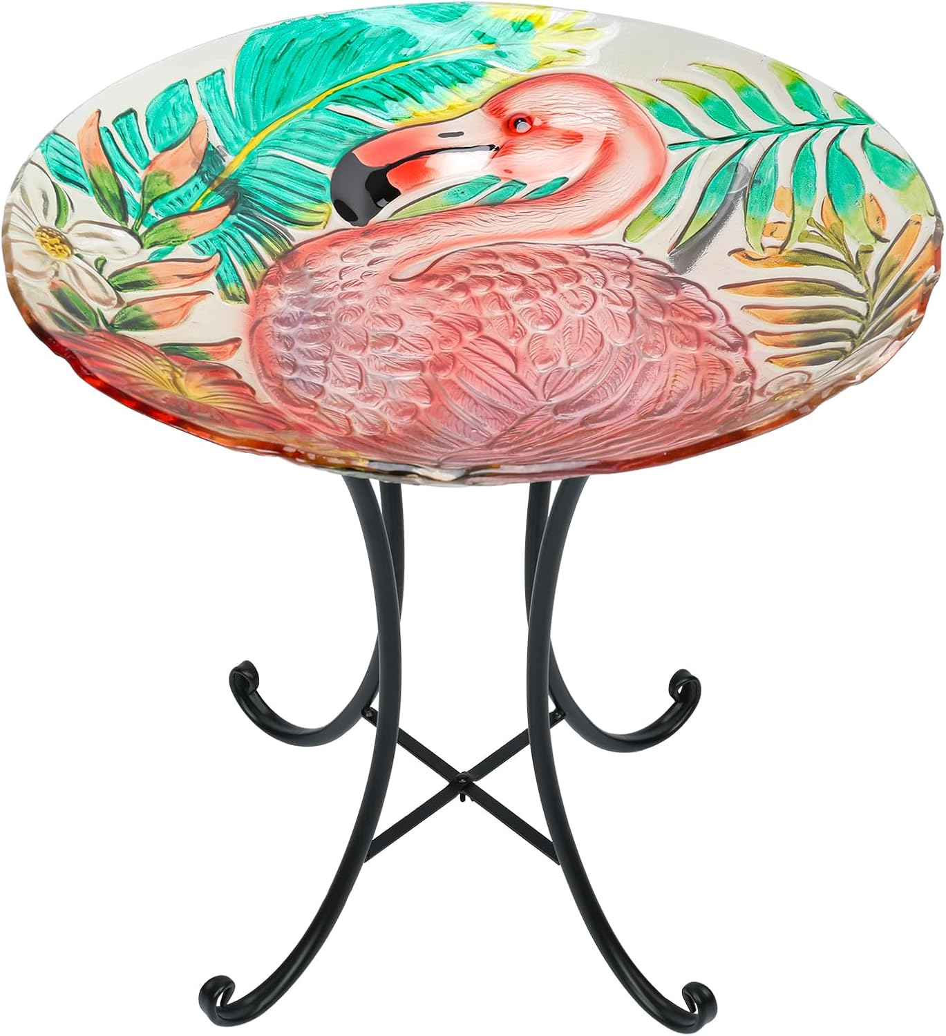 MUMTOP Outdoor Glass Birdbath with Metal Stand for Outside Yard Garden Decor, 18 inch Diameter Flamingo Bird Baths Bowl for Outdoors, 21.65 inch Height