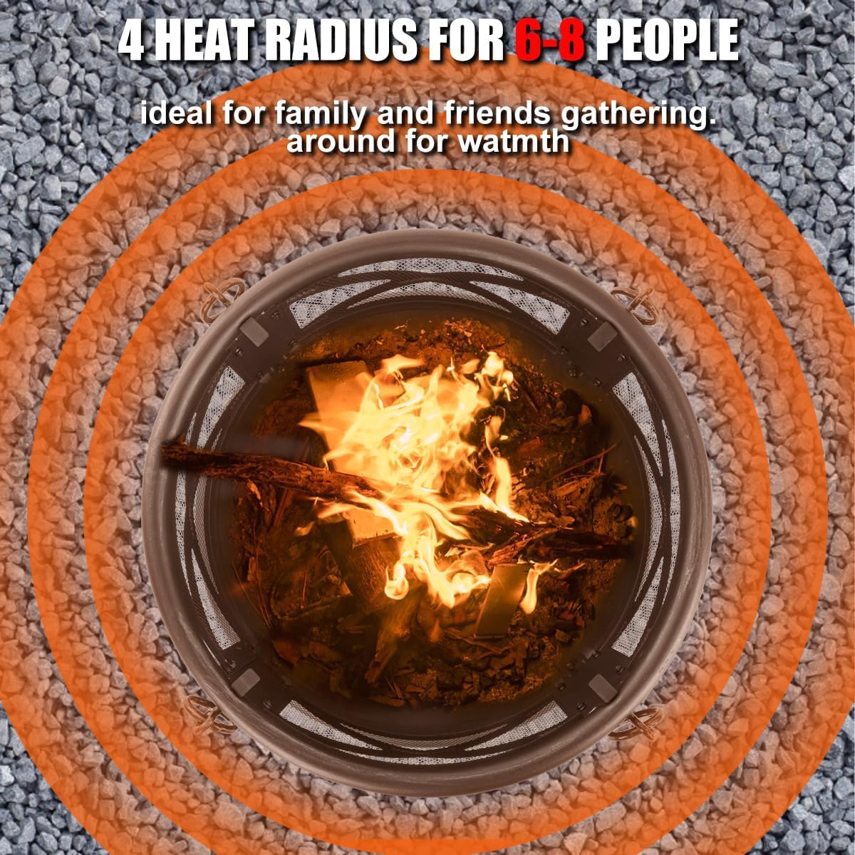 Breezz 26 Inch Wood Burning Fire Pit with Cooking Grill and Spark Screen, Outdoor Metal Round Firepit for Patio, Backyard, Bonfire Party, Camping