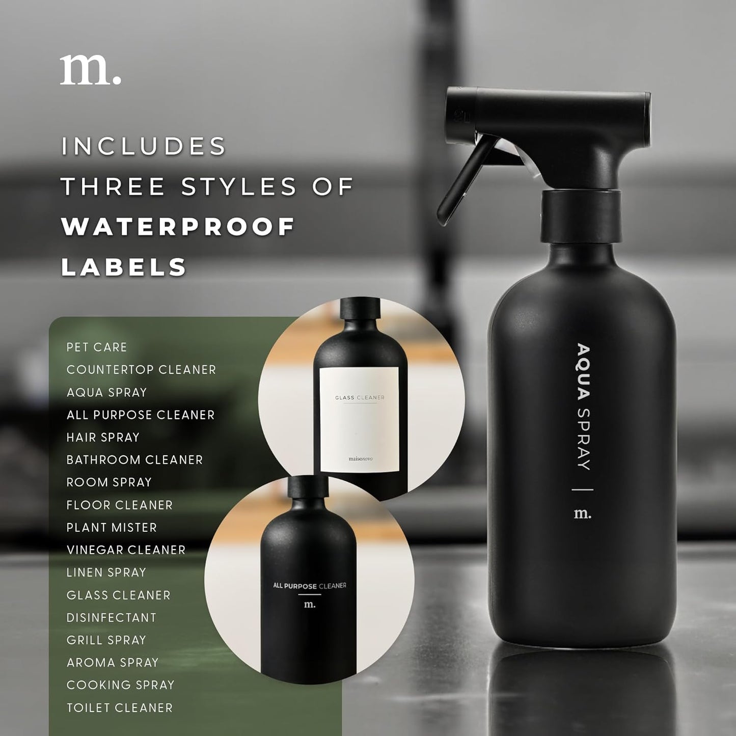 MaisoNovo Spray Bottle for Hair - 16.9 fl oz Black x 2 with 16 Labels