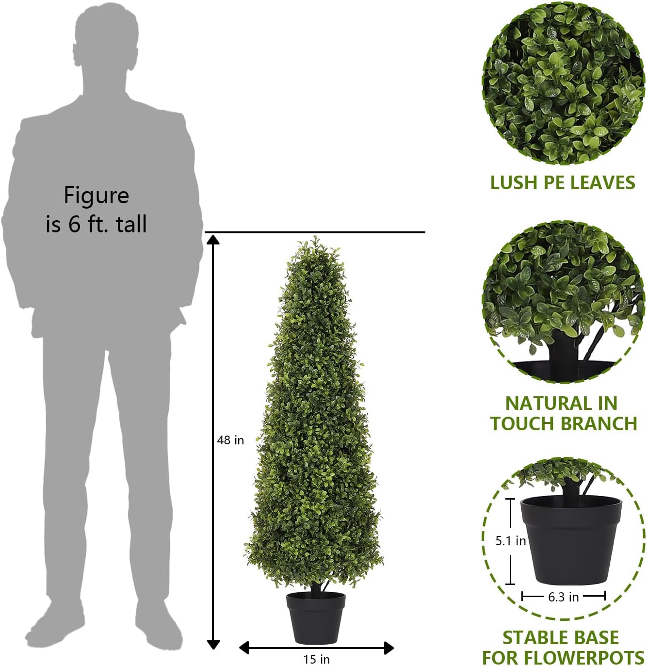 4ft Artificial Boxwood Topiary Trees (Set of 2) - UV Resistant Faux Plants Outdoor, Realistic 48in Fake Potted Bushes and Shrubs for Front Porch, Planter, Patio - Low Maintenance & Evergreen