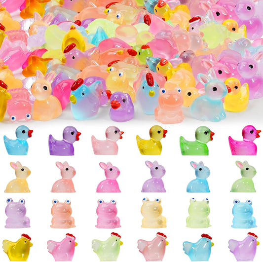 Mini Resin Animals Figures to Hide 72 PCS Luminous Tiny Miniature Figurines Bulk Glow in The Dark Include Baby Ducks Small Chicken Rabbits Frogs for Garden Micro Landscape Aquarium Potted Dollhouse