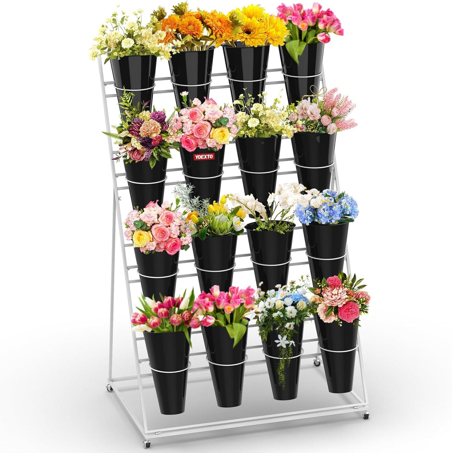Flower Display Stand 4 Layers with 16 PCS Round Buckets, Plant Stand with Wheels, Movable Metal Plant Stand for Terrace Garden, Florist Shop