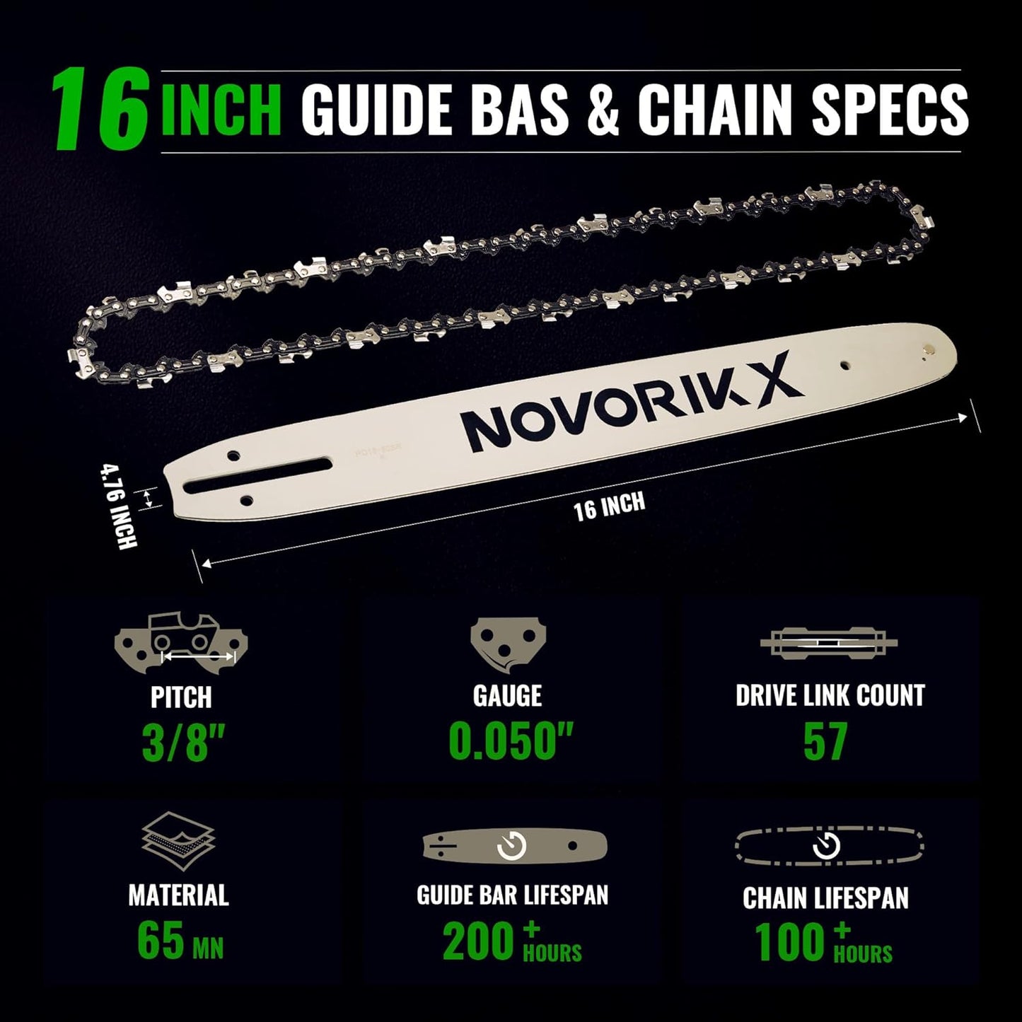16" Chain and 16” Guide Bar Pitch: 3/8” Low Profile 57Drive Links Replacement Chain For Electric Chainsaw Gas Chainsaws .050" Gauge