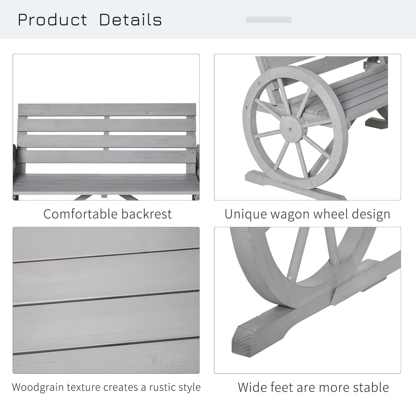 Outsunny 41" Wooden Wagon Wheel Bench, Rustic Outdoor Patio Weather Resistance Furniture, 2-Person Slatted Seat Bench with Backrest, Light Gray
