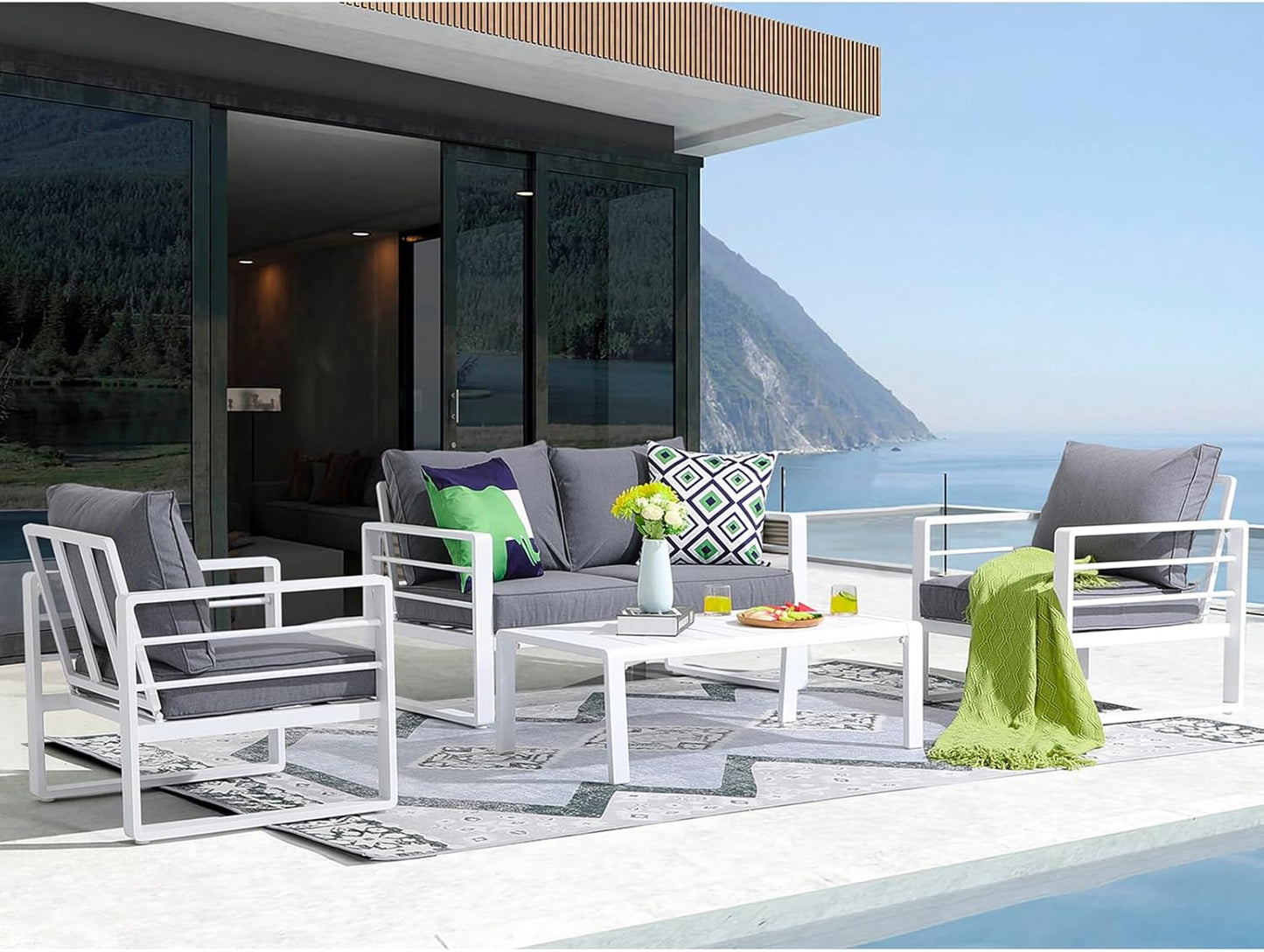 Patiorama Aluminum Patio Furniture Set, 4 PCS Modern Patio Conversation Set, All Weather White Outdoor Sectional Sofa Set w/Coffee Table, Loveseat, Superior Olefin Cushion, Garden-Grey Cushion