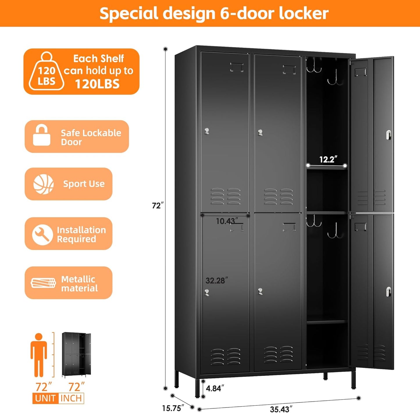 METAN Metal Locker for School Office Gym Bedroom,6 Doors Steel Storage Lockers Cabinet for Employees,Industrial Storage with 1 Shelf,Assembly Required,Black