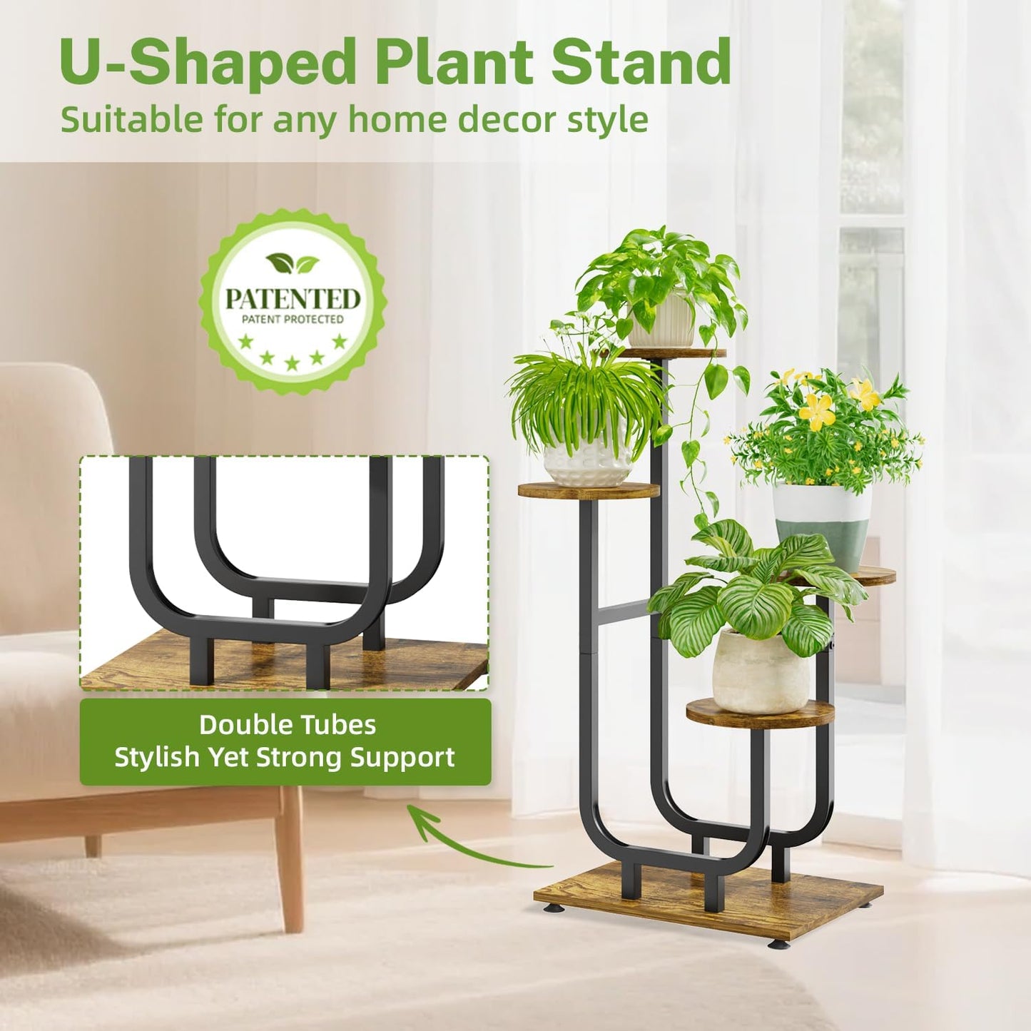 iDavosic.ly 4 Tier Plant Stand Indoor, Corner Tiered Multiple Flower Holder Shelf with Wooden Trays, Orchid Display Metal Rack for Patio Porch Living Room Balcony Outdoor, Modern Black & Rustic Brown