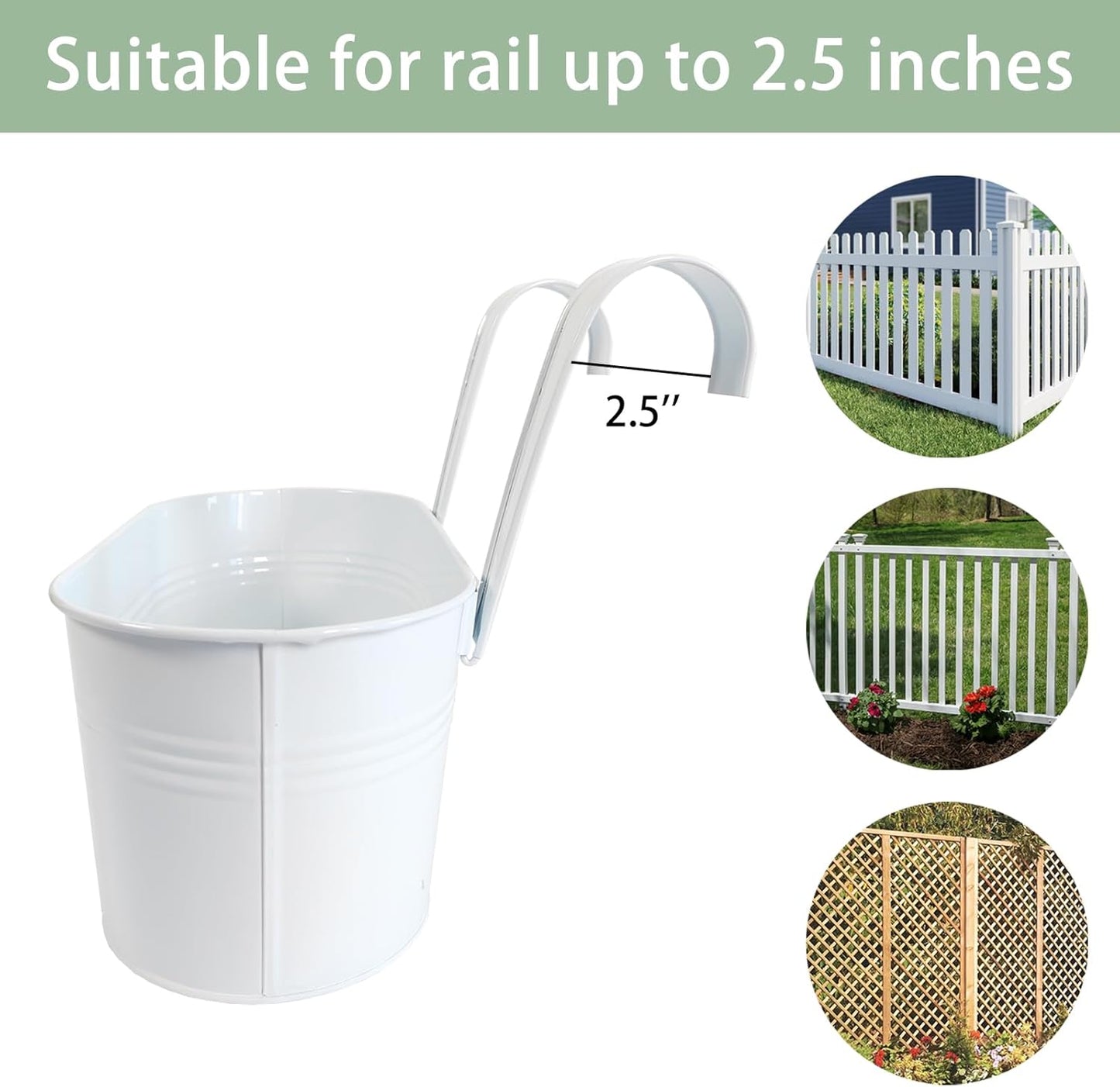 10" Hanging Flower Pots, Pack of 4 White Metal Outdoor Patio Balcony Planter, Railing Planters Fence Pot with Detachable Hook & Drainage Hole for Small Plants (White, 4Pcs)