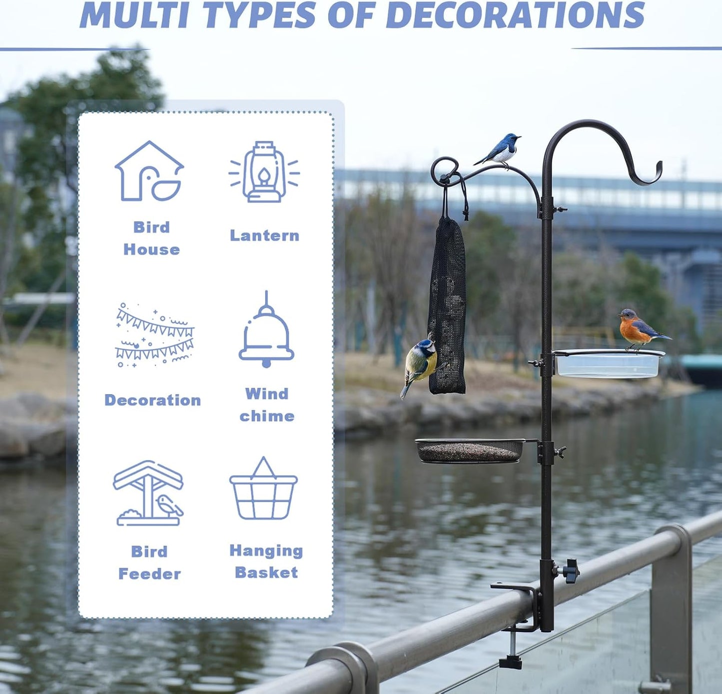 Deck Bird Feeding Station | Premium Multi Feeder Hanging Kit with Bird Bath & Sock Feeder | Attracts Wild Birds, Planter Hanger Hook for Outdoor Deck, Patio, Garden