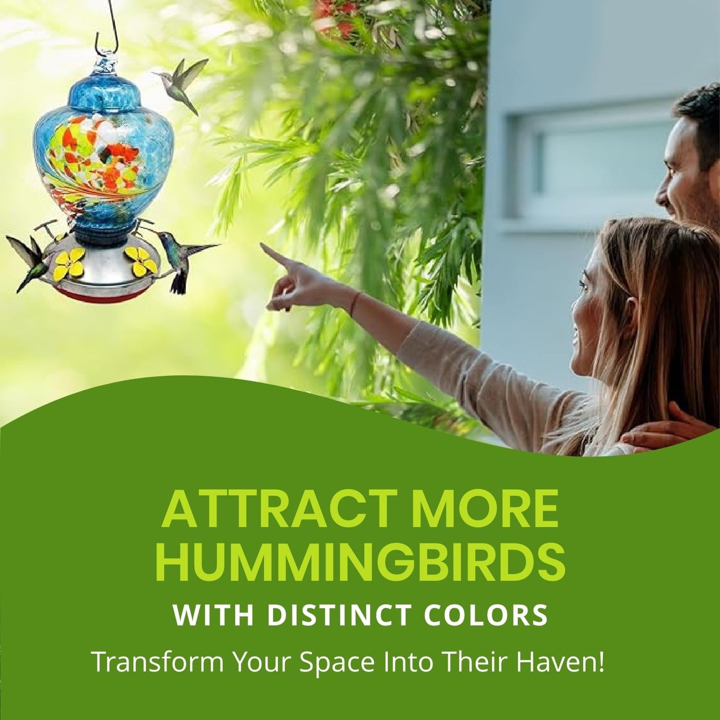 Nature Gear Hummingbird Feeder, Hanging-Mount Glass Hummingbird Feeders for Outdoors, Hand-Blown Glass Feeder with Ant Moat for Garden Hummingbirds, Easy to Clean & Rust Resistant, Blue Burst