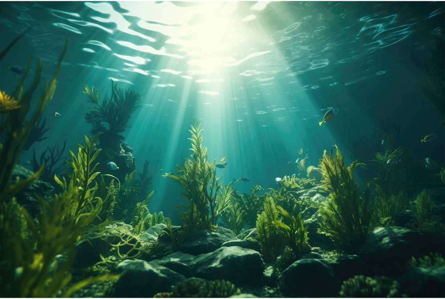Ocean Aquarium Background Aquatic Plants with Rocks Terrarium Backdrop Sunlight Rays Deep Sea Fish Tank Background Aquarium Wallpaper Poster Decor Vinyl 24x12in