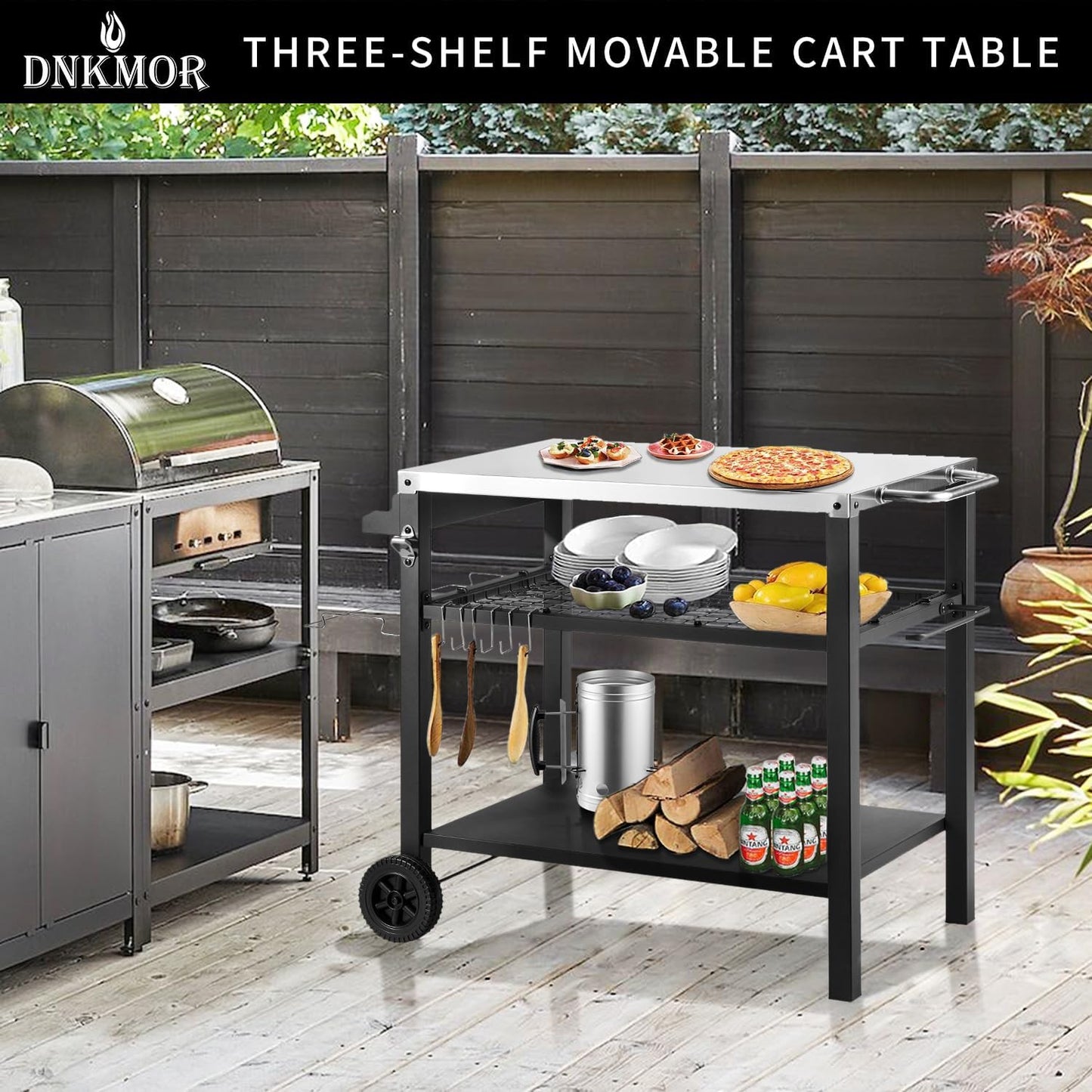 Dining Cart Table with Three Shelf, Movable Outdoor BBQ Grill Table Pizza Oven Stand with Three Hooks, Kitchen Cart Island Multifunctional Food Prep Table for Inside and Outside (Sliver)