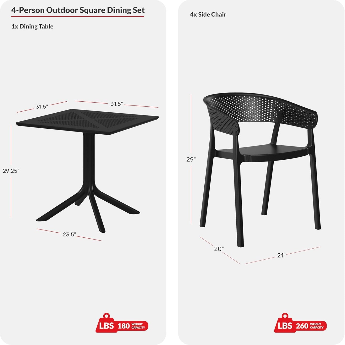 Table Chairs Set of 4, HDPE Patio Square Dining Table and Stackable Chairs, Outdoor Small Patio Furniture Set All Weather for Backyard Porch Poolside, Black