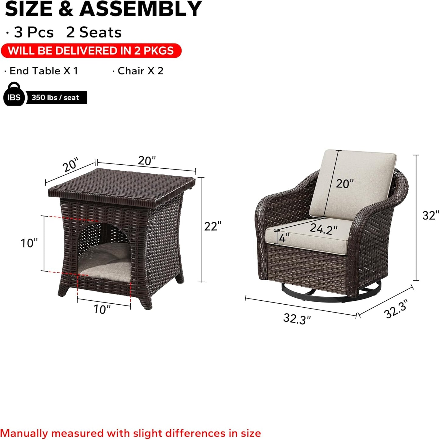 Outdoor Wicker 360 Degree Swivel Glider Rocker Chairs Set of 2 with Cat House Side Table, Patio Conversation Furniture Set with Washable Cushions for Garden, Poolside (Beige)