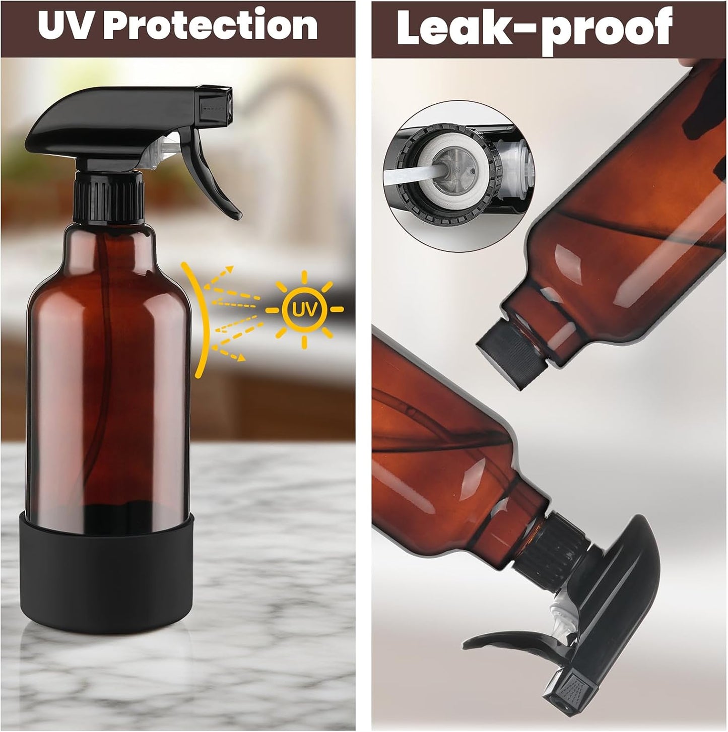 Glass Amber Spray Bottles with Silicone Sleeve, 2 Pack 16.9oz Refillable Containers with Adjustable Spray Nozzles, Empty Spray Bottle for Cleaning Solutions, Hair, Plants, Essential Oils (Black+Grey)