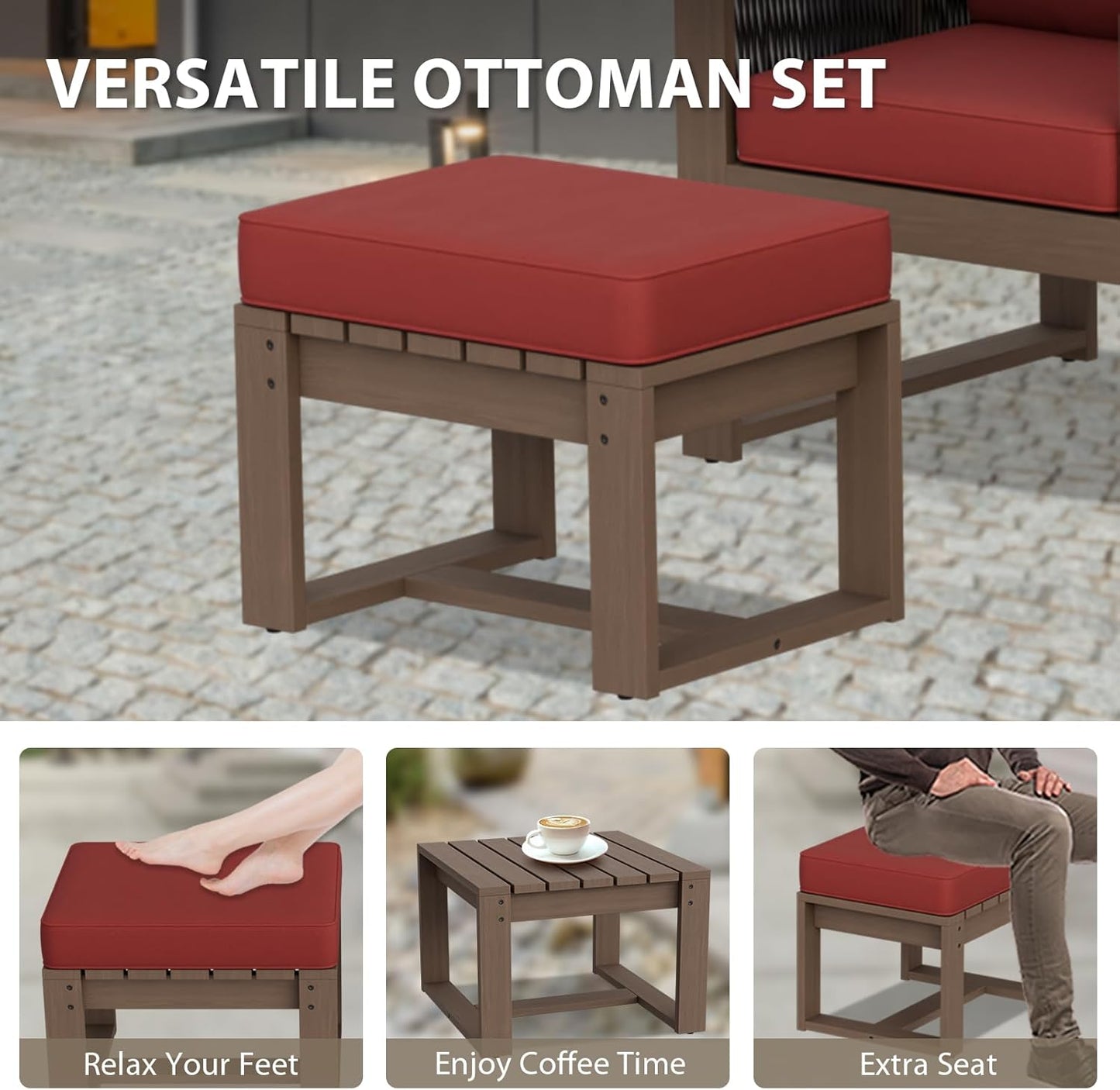 EAGLE PEAK Natural Wood Outdoor Patio Furniture, Cedar Furniture, Conversation Set, Outdoor Seating for Deck Patio Porch, Sofa 2 Chairs 2 Ottomans & Side Table, 6 Pieces, Brown/Red