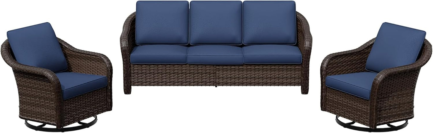 3 Pieces Patio Conversation Set, 78" Wicker 2-Seat Couch with Washable Cushions, Wicker 360 Degree Swivel Glider Rocker Chairs, Sofa for Garden, Lawn (Navy Blue)
