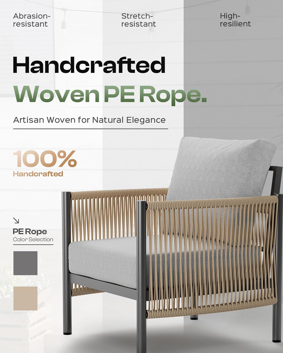 Aluminum Outdoor Patio Furniture Set, HDPE Rope 4 Piece Modern Sectional Conversation Sets with Dual-Layer Coffee Table, All Weather Patio Couch Sets with Thick Cushions, Gray Frame, Gray