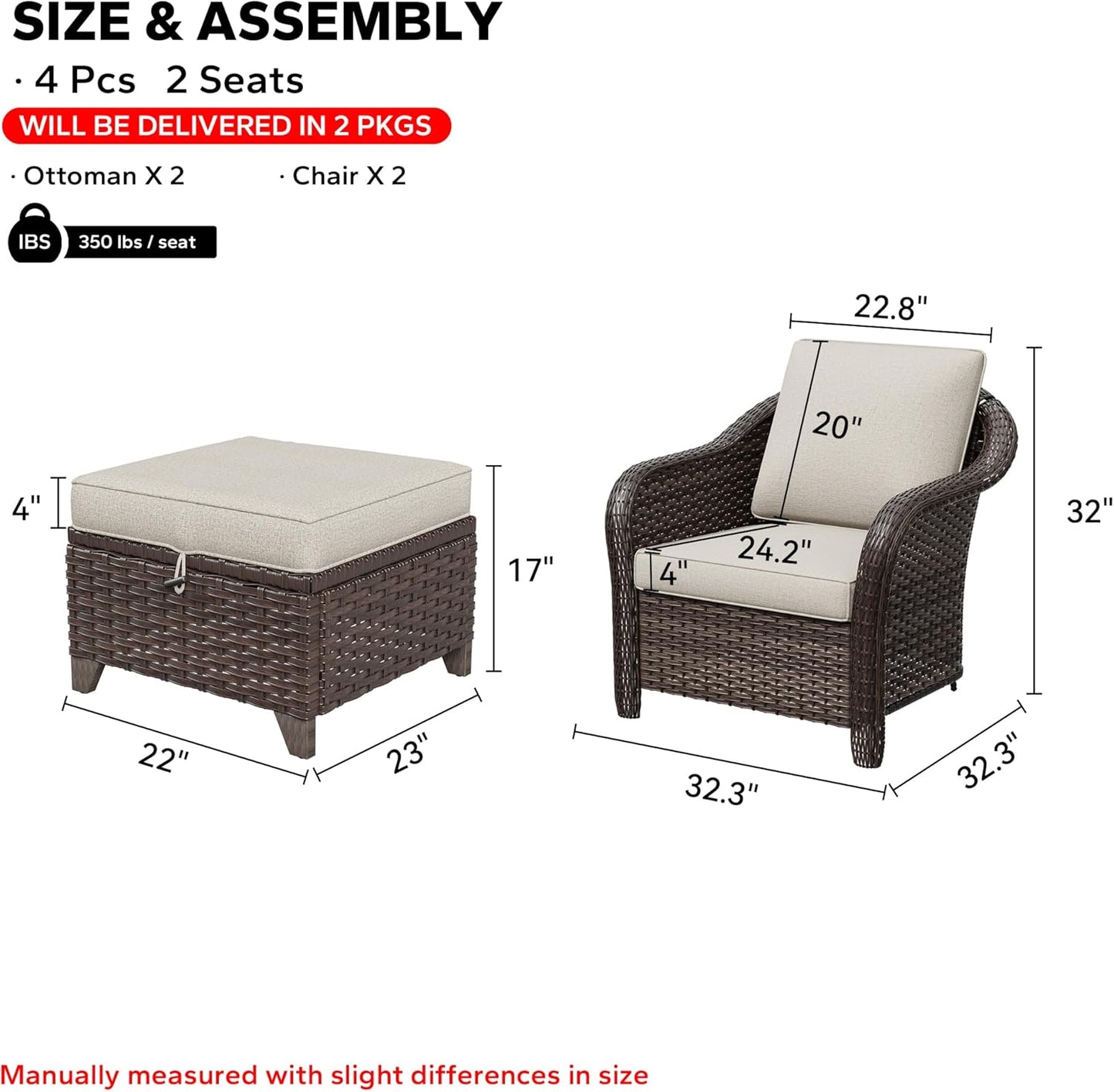 4 Pieces Patio Outdoor Conversation Furniture Set with Cushions, All-Weather Wicker Ottomans, PE Rattan 2 Chairs for Backyard, Deck, Lawn (Beige)