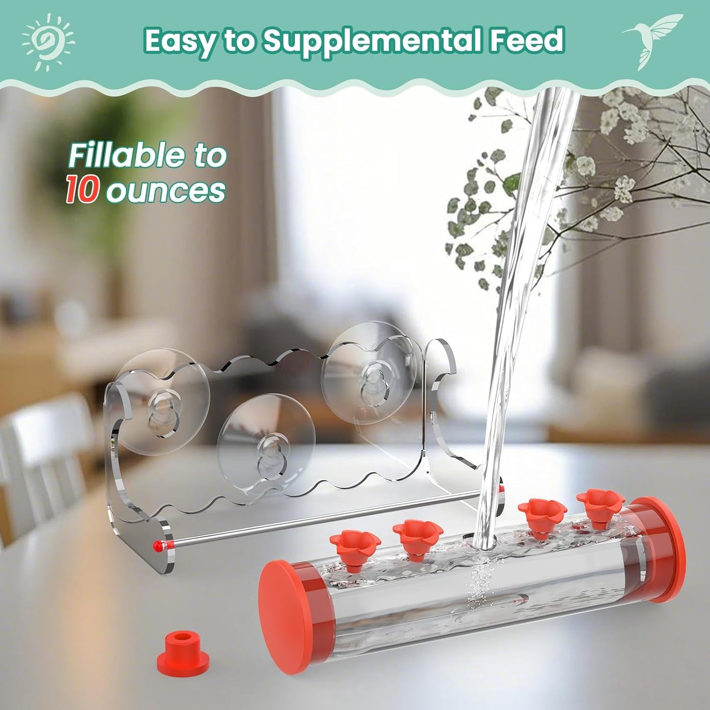 Window Hummingbird Feeder 10oz,4 Feeding Ports with Leak-Proof Design & Ultra Strong Suction Cups,Durable Plastic Bird Feeder Easy to Clean Refill, Outdoor/Indoor Use (Red Flower Top)