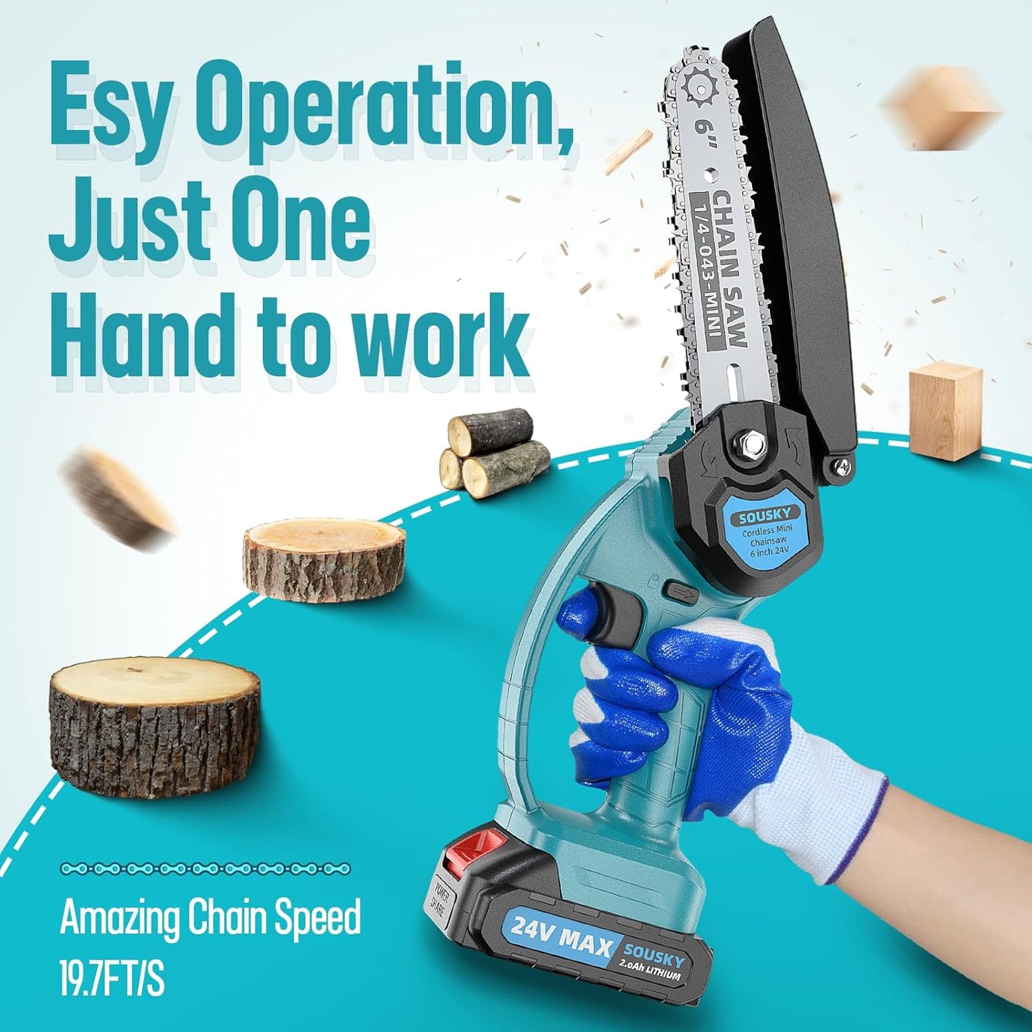 Mini Chainsaw Cordless, 6Inch Portable Small Chain Saw Battery Powered, Handheld Chainsaws with 2 * 24V 2.0MAH Powered Rechargeable Battery for Tree/Wood Cutting Trimming Craftsman Gardening Pruning