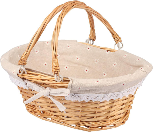Large Multipurpose Wicker Basket with Handle, 14.2 x 11 x 6.7 Inch Wicker Picnic Basket with Liner, Empty Gift Basket, Oval Willow Woven Basket for Fruit, Wine, Gathering, Wedding, Picnic,by GNIEMCKIN
