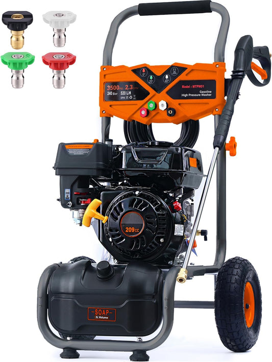 3500 PSI Gas Pressure Washer, 2.3 GPM Power Washer with 209CC Engine, Maintenance-Free Axial Cam Pump, 25FT Hose, 4 Nozzles for Driveways, Walls, Vehicles, Patio (Orange)