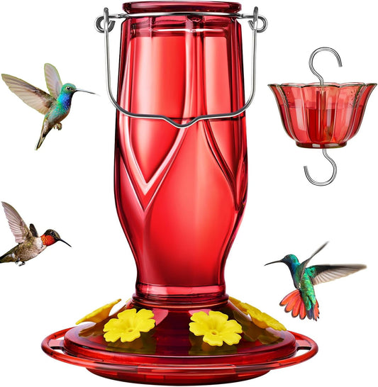 Kingsyard Glass Hummingbird Feeders for Outdoors Hanging, 6 Feeding Ports 16 Ounces Leakproof Bird Nectar Feeder for Garden Porch Fall Decorations, Easy to Refill & Clean, Ant Moat Included, Red