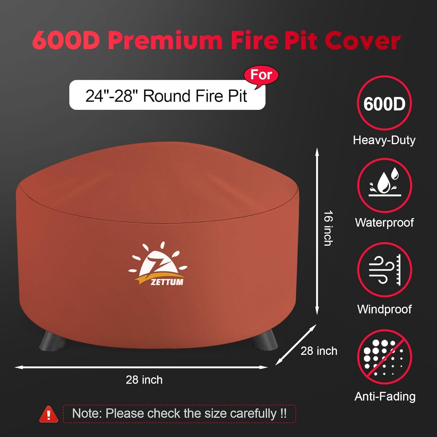 Fire Pit Cover Round 28 Inch - Outdoor Firepit Cover Heavy Duty & Waterproof, 600D Patio Fire Table Covers Gas Fire Pit Accessories Fit 27" Solo Stove Yukon Series Firepit - 28 x 28 x 16 Inch