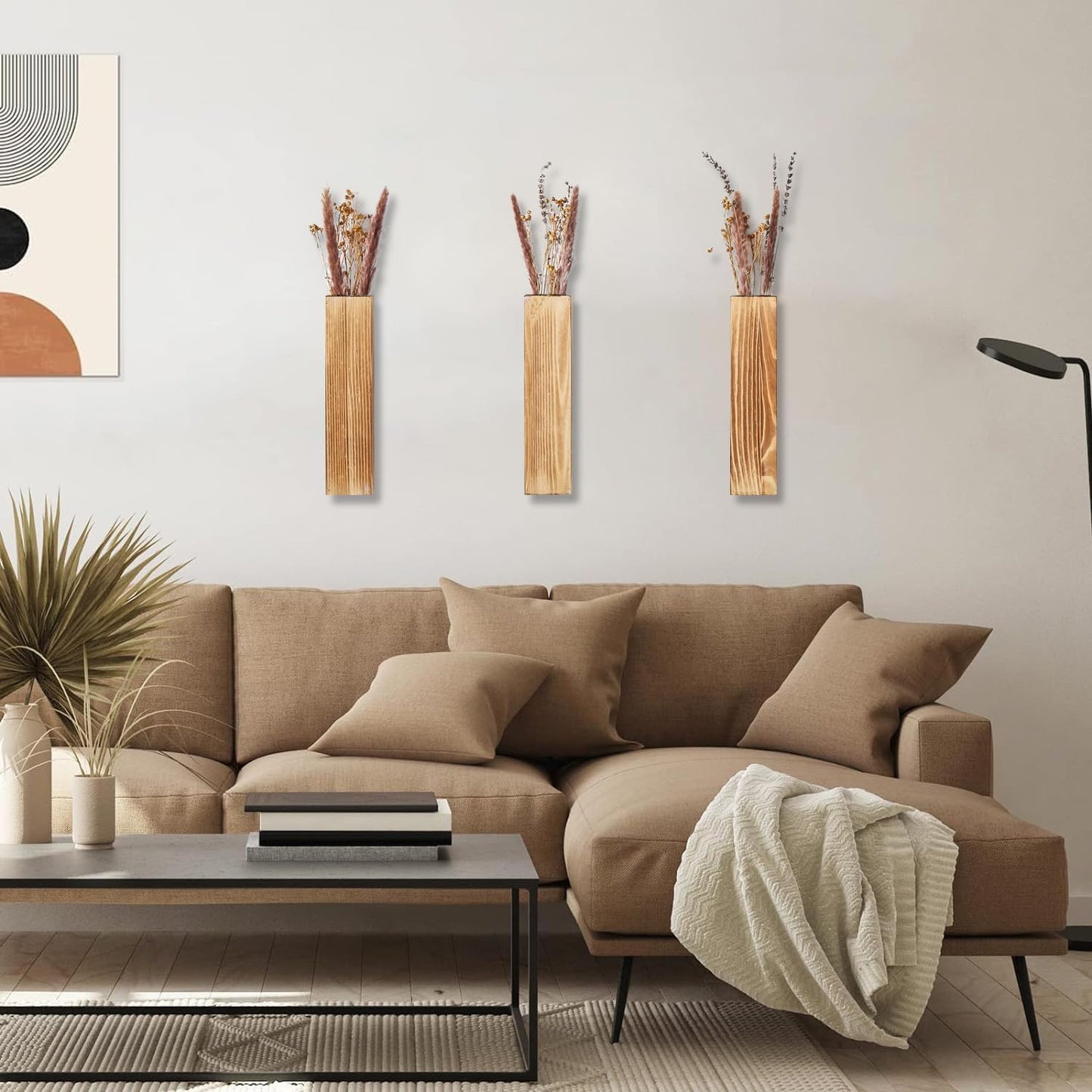 Wooden Wall Planter Set of 3 - Modern Home Decor for Living Room, Bedroom, Bathroom - Brown Finish Planter for Dried Flowers, Faux Greenery, Indoor Plants