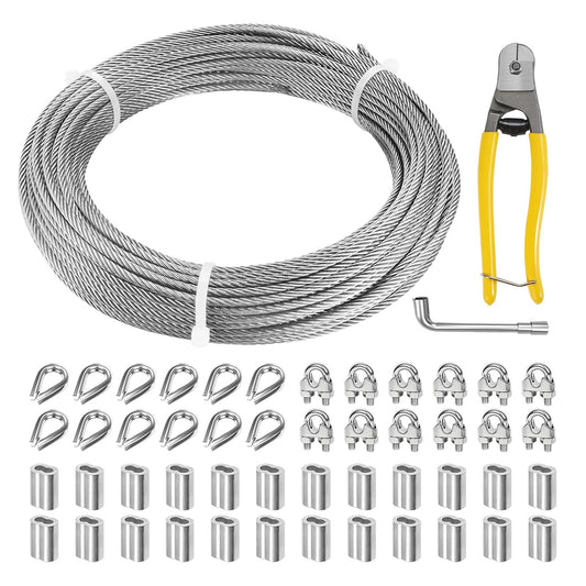 1/8 Inch Stainless Steel Cable 100FT, 7x19 Strand Wire Rope Kit with Thimbles, Clips & Aluminium Sleeves for Plants Climbing, Deck Fence Railing, String Light Haning and DIY Projects