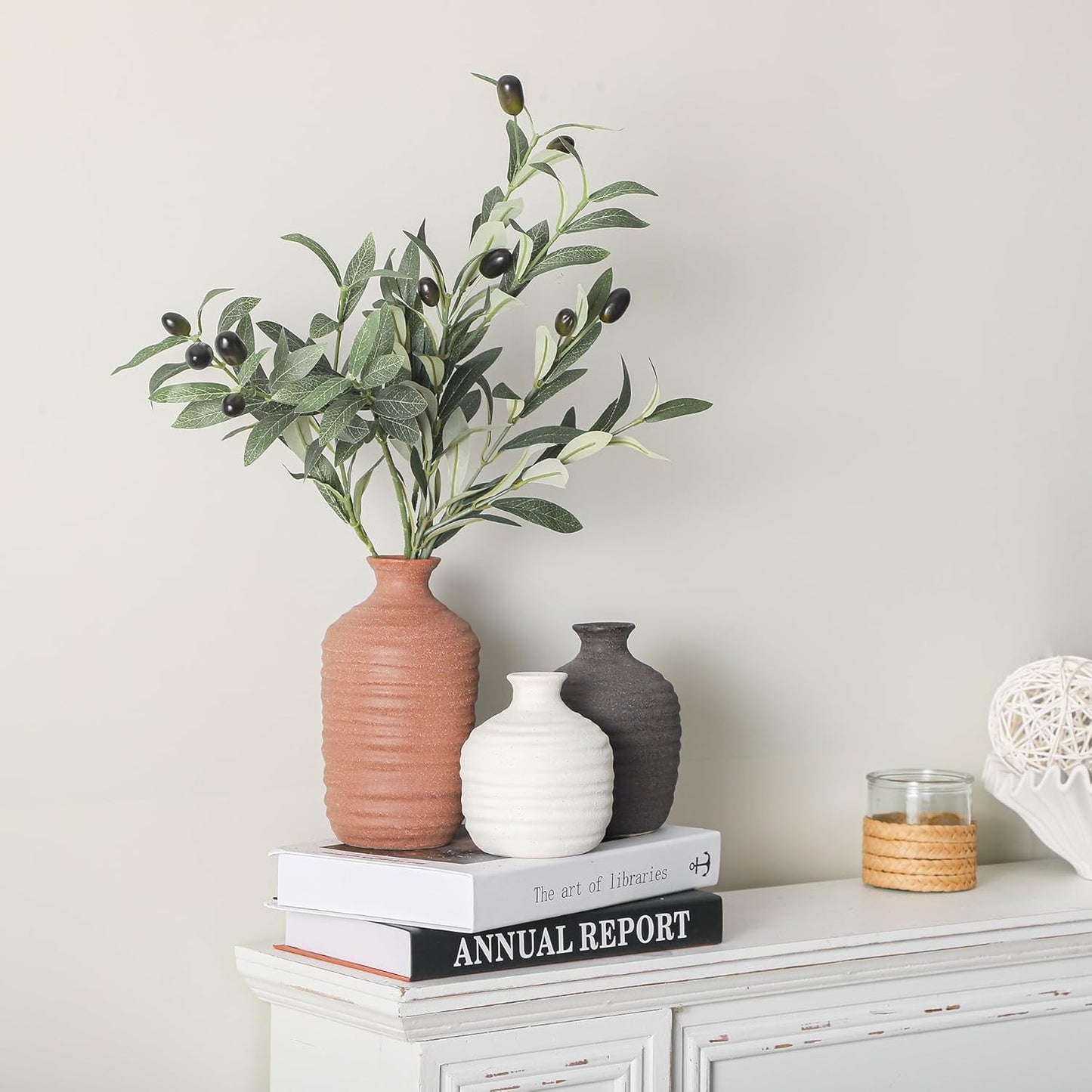 Ceramic Vase Set of 3 Decorative Vase for Home Decor Modern Farmhouse Decor Pottery Neutral Vases for Living Room Bathroom Table Mantel Fireplace Entryway Shelf (02-Brown)