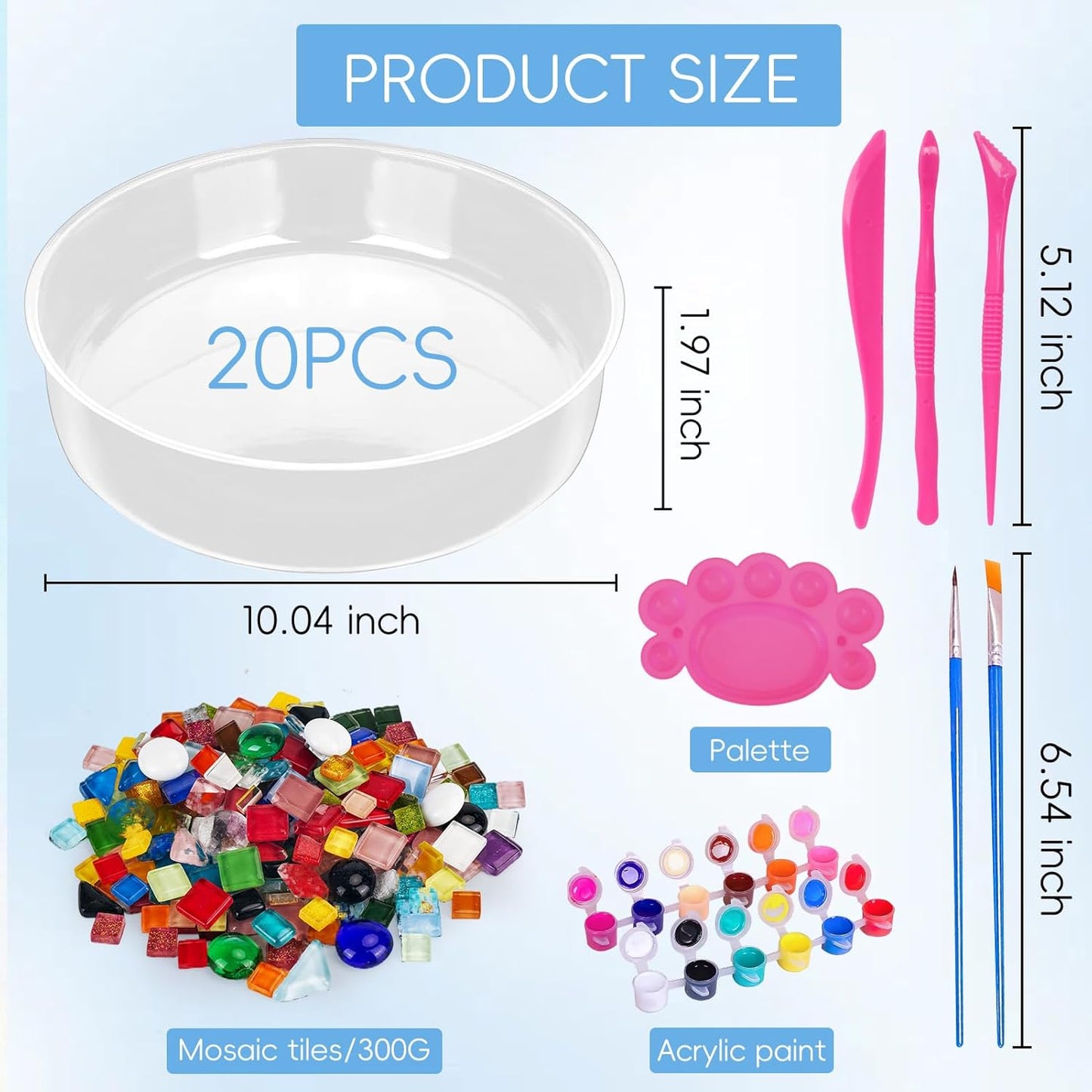 Concrete Stepping Stone Molds,Cement Molds Perfect for Creating Stepping Stones & Garden Markers, Include 300g Mosaic Tiles,Carving Tools and 12 Colors of Acrylic Paint, 10" diam (20pcs)