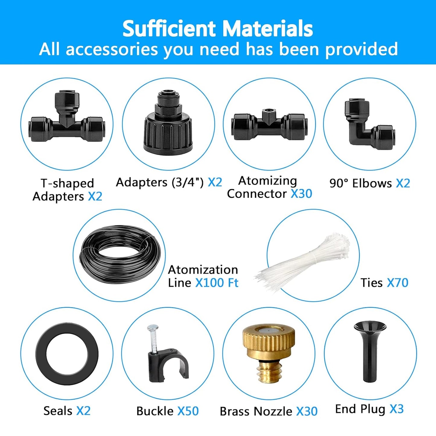 Misting Systems, Misters for Outside Patio, 100FT Misting Cooling System+30 Brass Mister System+2 PE Antioxidant Adapters 3/4"+2 Tee Adapters+2 90 Degree Elbows for Pasture, Garden, Greenhouse, Gazebo