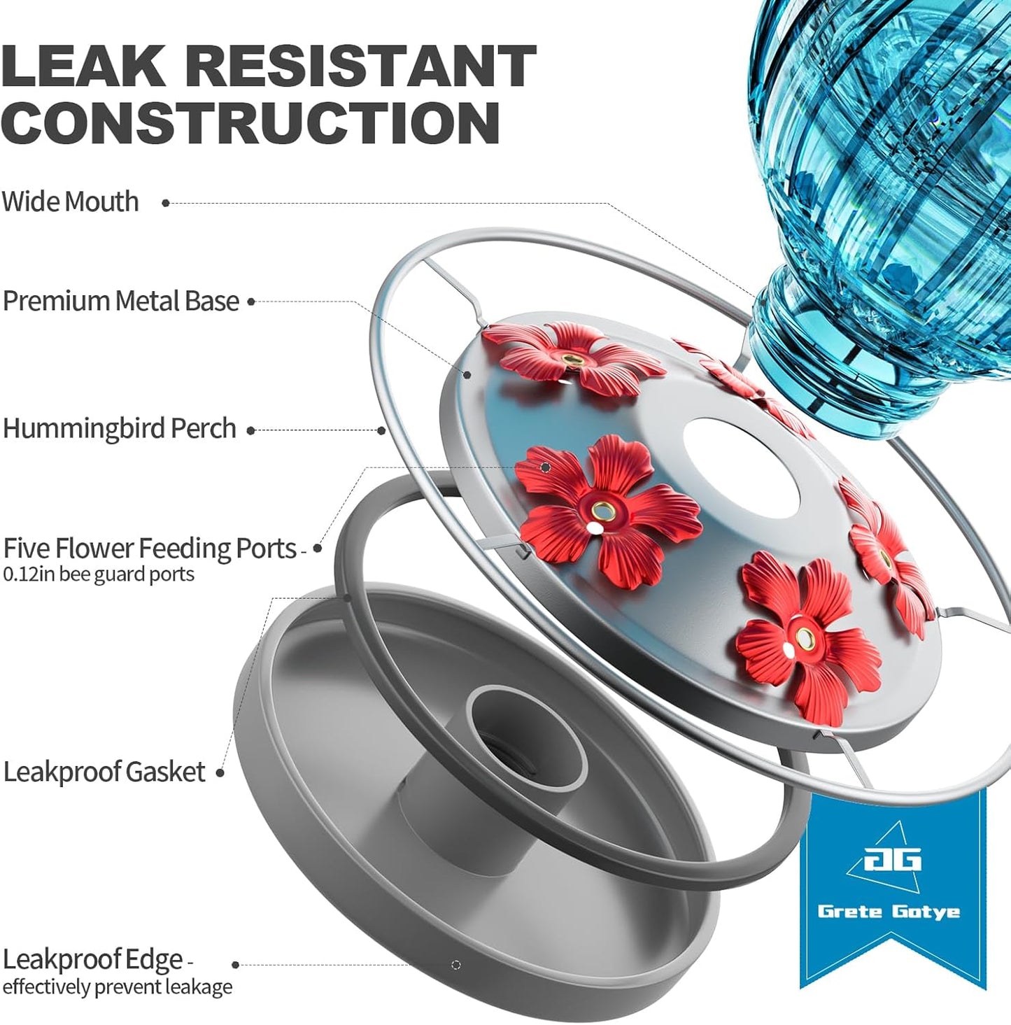 Glass Hummingbird Feeder for Outdoors Hanging, 26Oz Bird Nectar Feeder with Perch & 5 Flower Feeding Ports, Leak Proof for Outside Garden Decor Backyard, Gifts for Women Mom, Blue