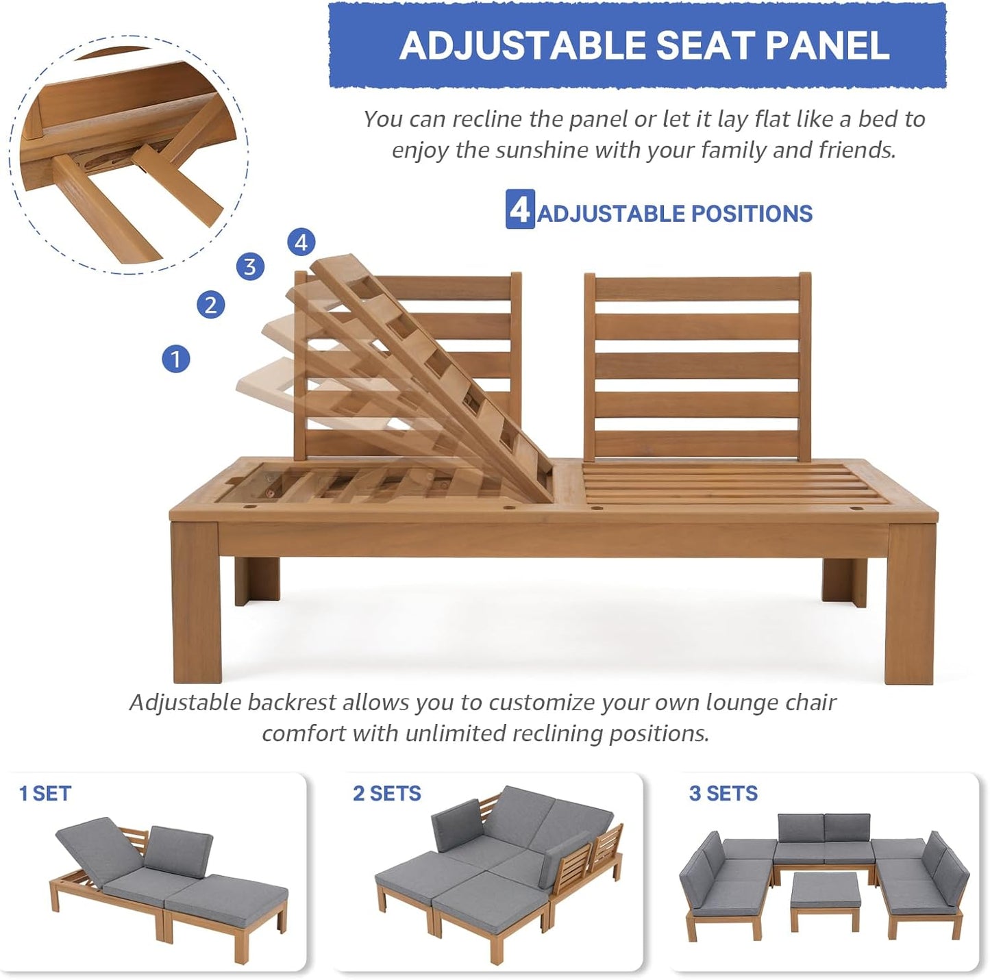 SUNSITT 4 Piece Acacia Wood Patio Furniture Outdoor Sectional Sofa Set with Adjustable Armrest, FSC Certified L-Shaped Patio Set w/2-in-1 Coffee Table, Grey Cushions
