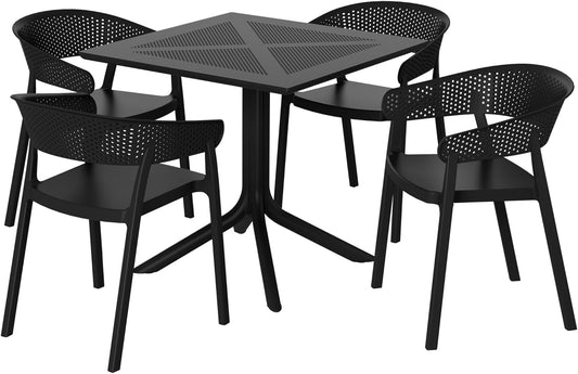 Table Chairs Set of 4, HDPE Patio Square Dining Table and Stackable Chairs, Outdoor Small Patio Furniture Set All Weather for Backyard Porch Poolside, Black
