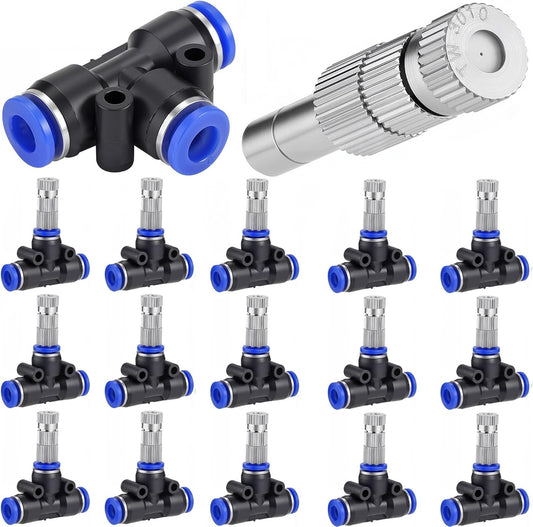 Mornajina 30 Pcs Brass Misting Nozzles Mister Replacement Nozzles with Filter Mesh & 1/4" Water Misting Nozzle Tees Kit, 0.012"/0.3mm Orifice Misting System Heads Sprayer for Outdoor Cooling System