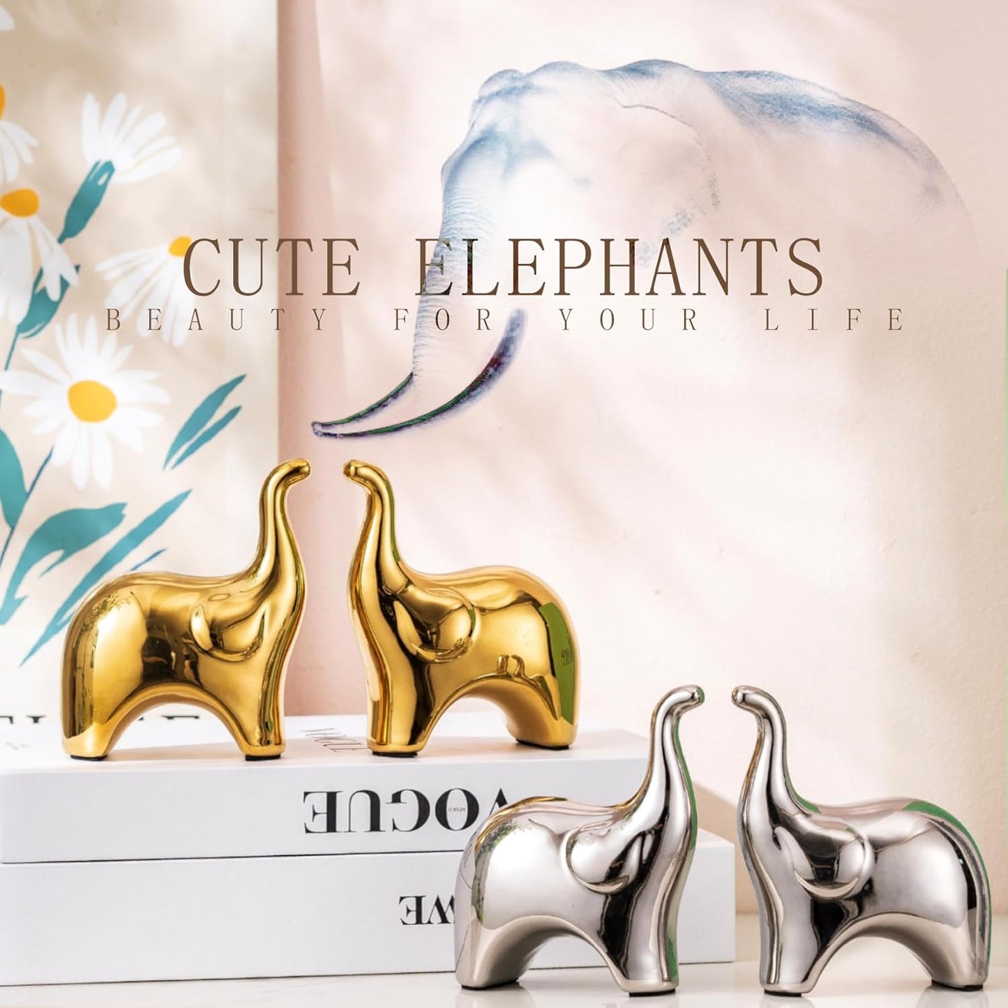 Loving Pair of Small Cute Silver Elephant Statues Silver Home Decor Modern Boho Style Figurine Decorative Ornaments for Living Room, Bedroom, Office Desktop, Cabinets, Shelf