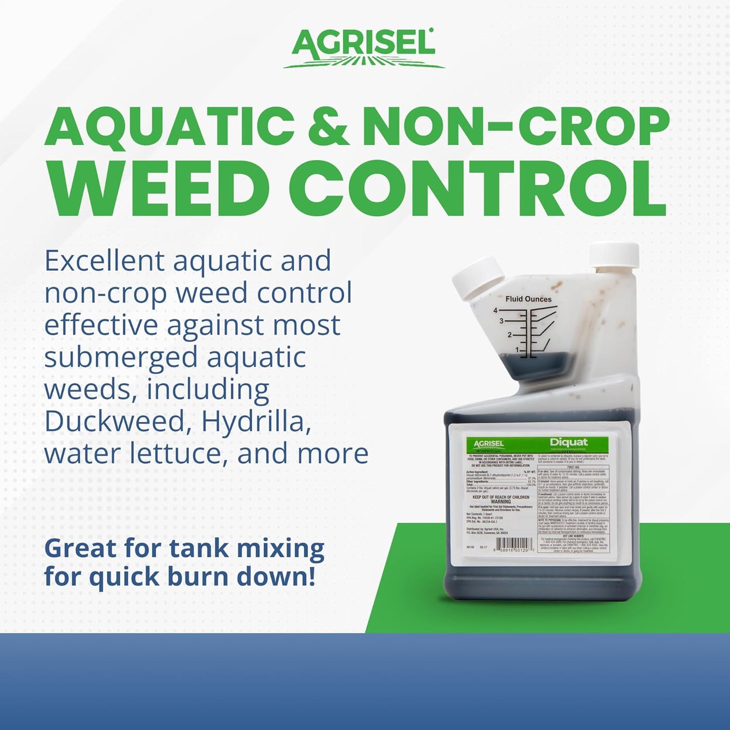 Diquat Weed Killer, Fast-Acting Formula for Aquatic and Landscape Weeds, Safe on Ornamentals, Visible Results in 1-2 Days, Pet Safe, 3-Pack of Disposable Gloves Included, 32 Ounces
